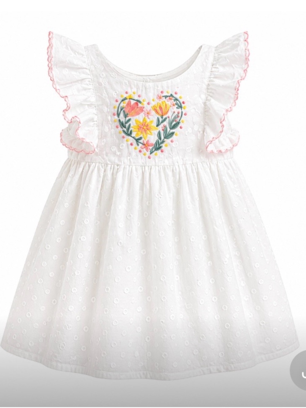 Joie Girls 2T White Dotted Swiss Dress Floral Heart Embroidered Ruffle Sleeve